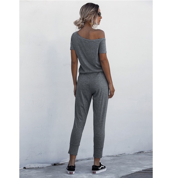 Contrast Tie Short Sleeve Grey Jumpsuit - Picture 3 of 16